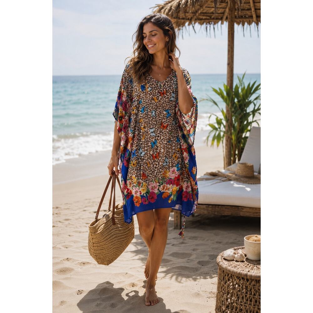 Johnny Was Butterfly Cheetah Print Floral Brown Blue Swim Mini Kaftan Size 1X